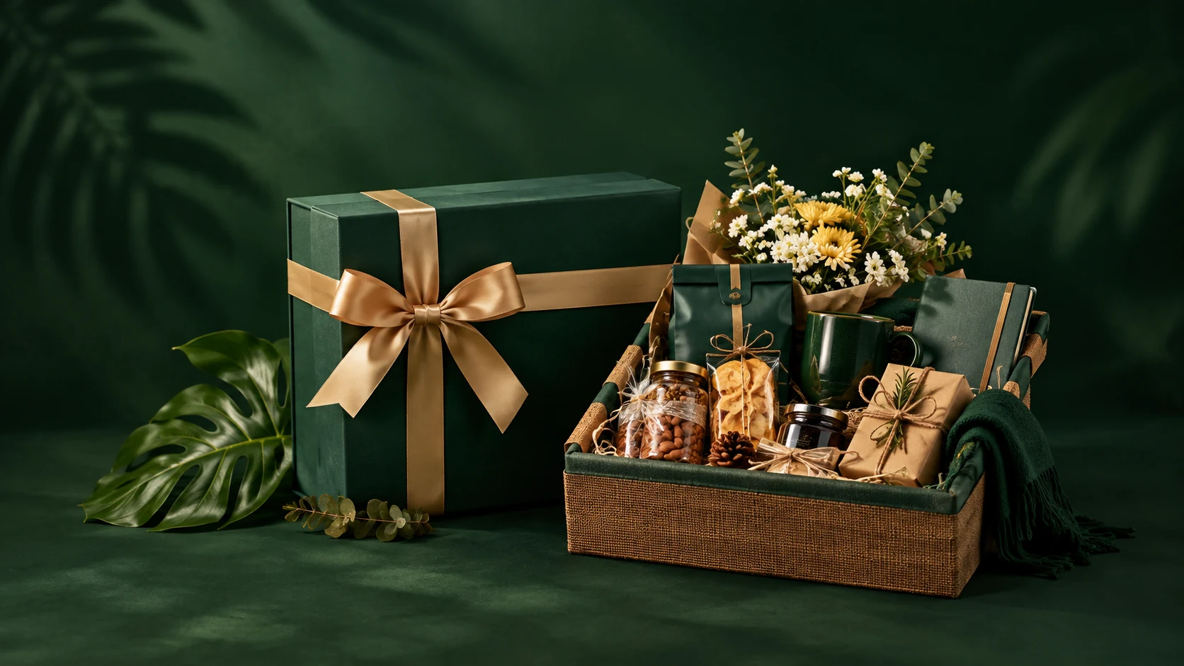 An elegant forest-green gift box and curated gift hamper